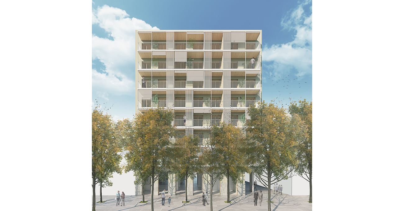 Sorigué inicia la construcción industrializada sostenible de dos edificios de viviendas municipales de alquiler en Barcelona 1 render edificio besos