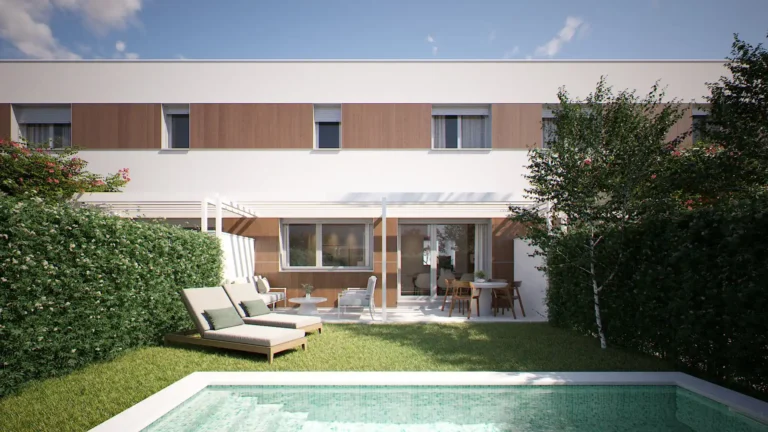Una vivienda con piscina en el jardin de la promocion Dryas de AEDAS Homes en Alcala de Henares